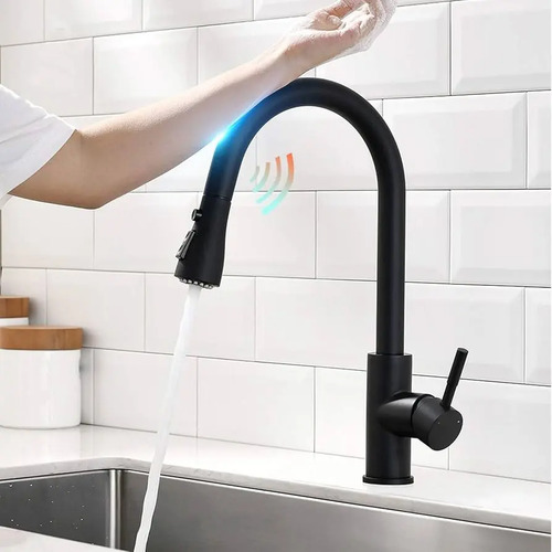 Monocomando Canilla De Cocina Mesada Negra Extensible Acero - Imagen 5