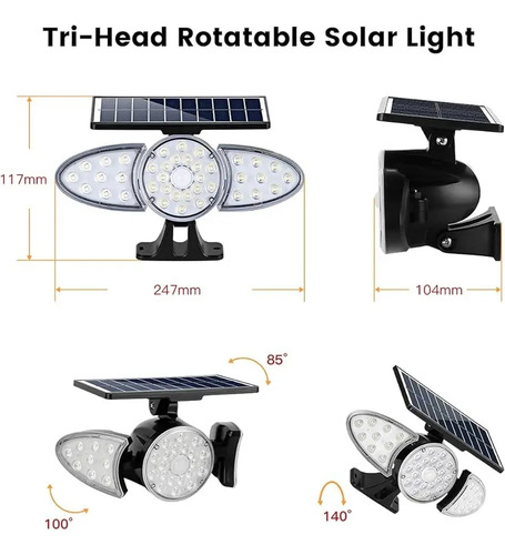 Lampara Triple Solar De Brazo 150w Jardín Fachada Seguridad - Imagen 5