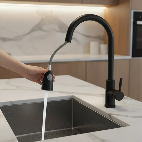 Monocomando Canilla De Cocina Mesada Negra Extensible Acero